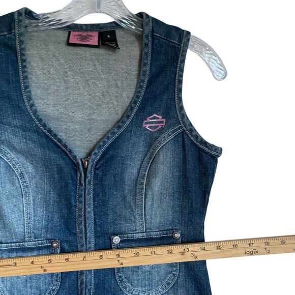 Harley Davidson Vest Jean S Blue Zip Up Embroidered Rhinestones Tie Back - Picture 8 of 12